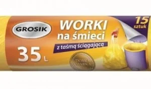 Worki na śmieci GROSIK LDPE z taśmą, 35 L, żółte, 15 sztuk
